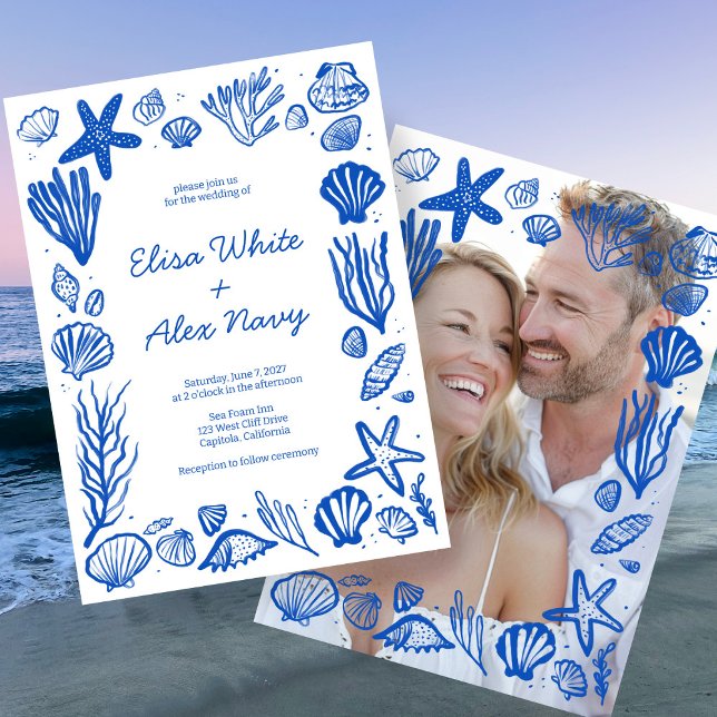 Invitation Seashells Frame Beach Wedding PHOTO SUR MESURE (Seashells Frame Beach Wedding CUSTOM PHOTO Invitation
)