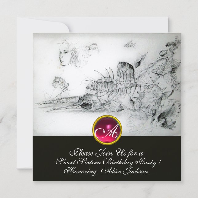 Invitation SEASHELLS SWEET 16 FÊTE, Ruby Monogramme Noir Blan (Devant)