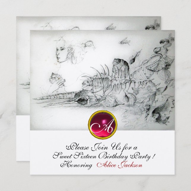 Invitation SEASHELLS SWEET SIXTEEN PARTY, Ruby Monogram Argen (Devant / Derrière)