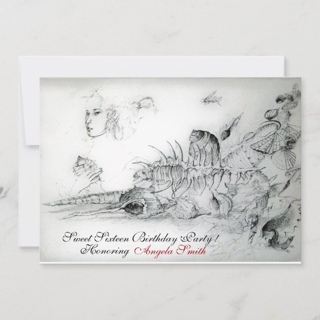 Invitation SEASHELLS SWEET SIXTEEN PARTY, Ruby Monogram Blanc (Devant)
