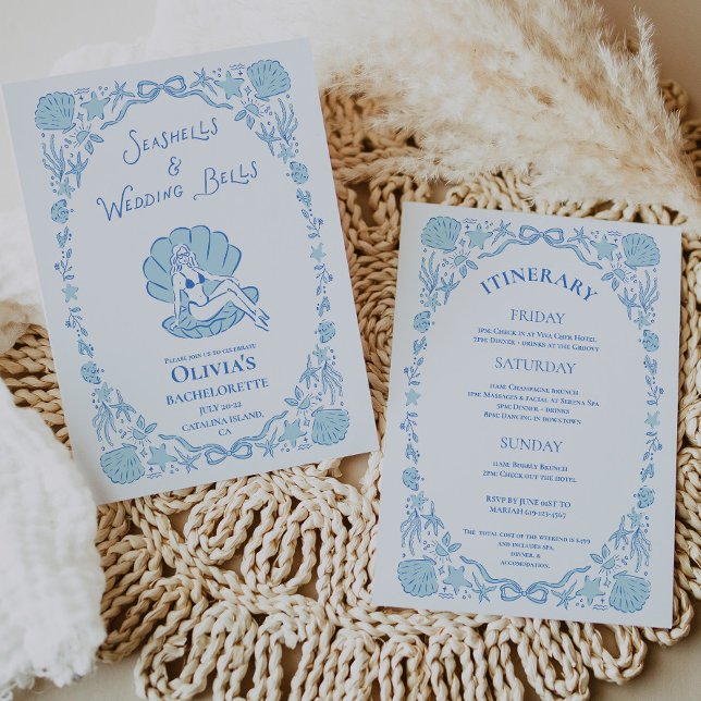 Invitation Seashells Wedding Bells Blue Bachelorette (Seashells Wedding Bells Whimsical Bachelorette Blue Invitation)