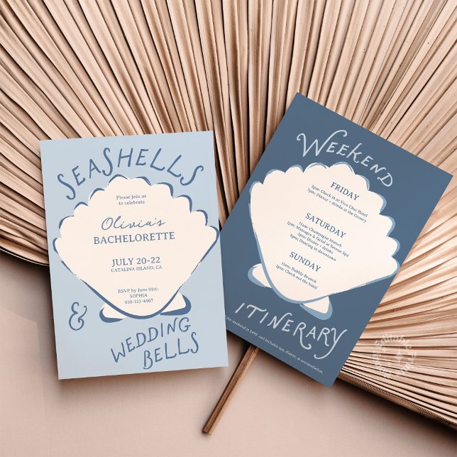 Invitation Seashells & Wedding Bels Bachelorette Itinerary (bachelorette itinerary, seashell bachelorette, beach bachelorette invitation, coastal bachelorette d)