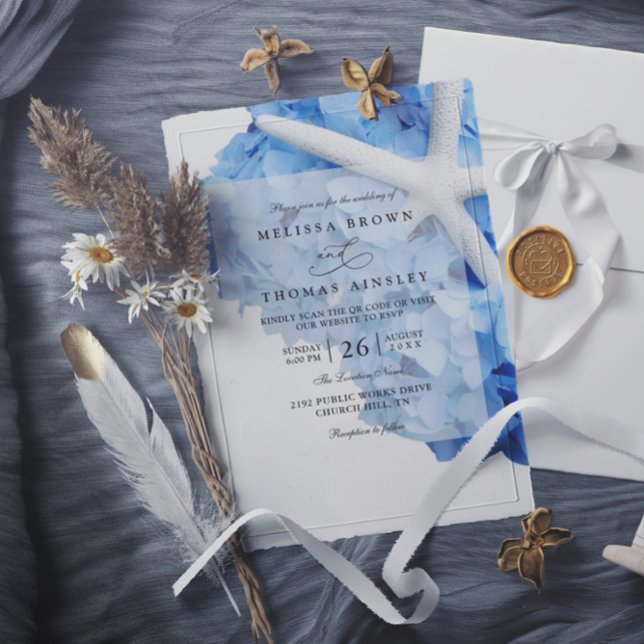 Invitation Seaside Garden Starfish Hydrangea QR Code Wedding (Créateur téléchargé)