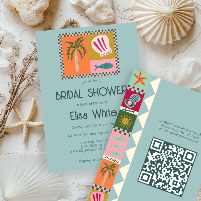 Invitation Seaside Soiree Fête des mariées Moderne Cute CUSTO (Seaside Soiree Bridal Shower Modern Cute CUSTOM QR Party Invitation
)