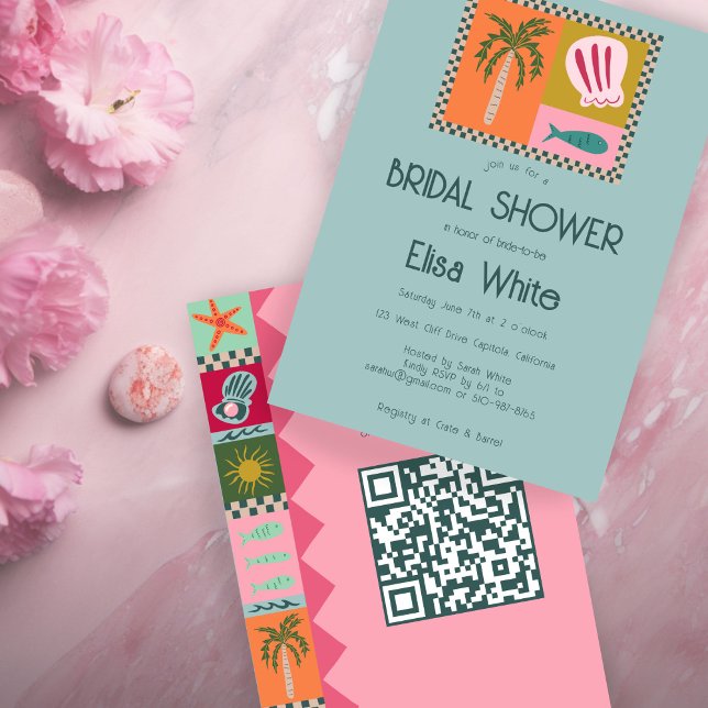 Invitation Seaside Soiree Fête des mariées Moderne Cute CUSTO (Seaside Soiree Bridal Shower Modern Cute CUSTOM QR Code Hand Drawn Invitation
)