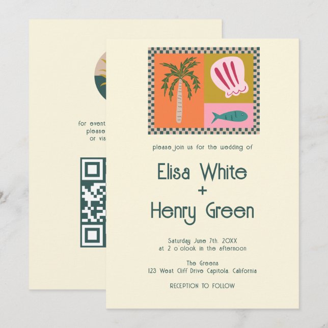 Invitation Seaside Soiree Modern Cute CUSTOM QR (Devant / Derrière)
