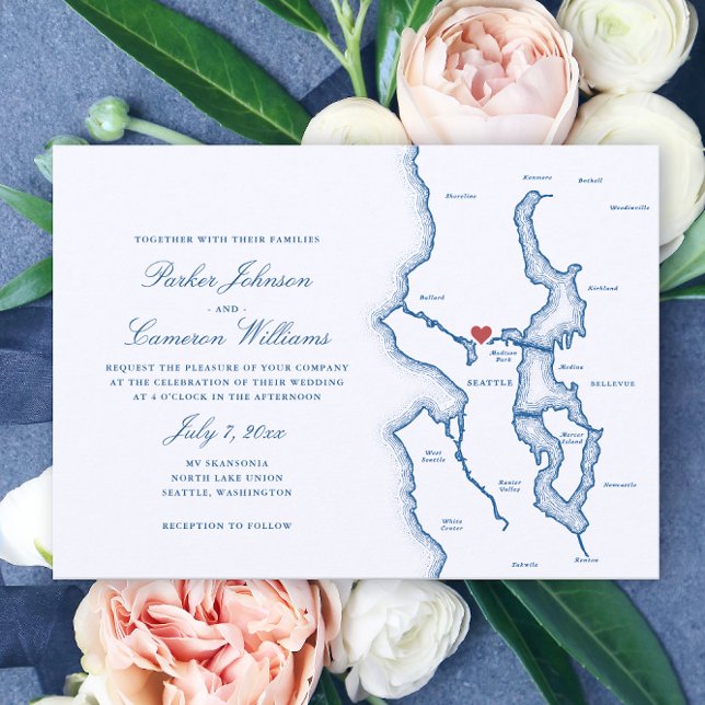 Invitation Seattle Lake Washington Map Elegant Navy Wedding (Seattle Lake Washington Wedding Invitation in Elegant Navy Blue from Coastal Map Designs)