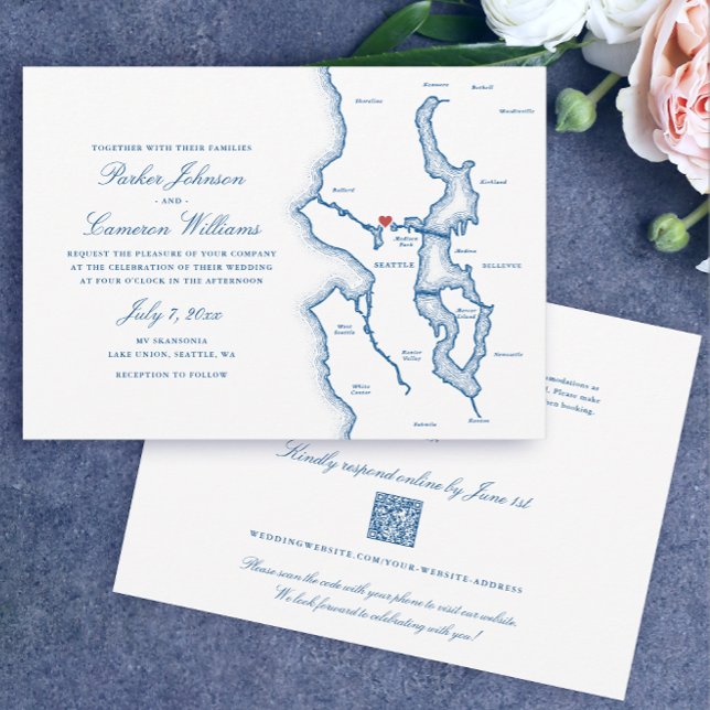 Invitation Seattle Tout-en-un Code QR RSVP Mariage Bleu (Seattle Budget Wedding Invitations All in one, QR code RSVP elegant Navy Blue by Coastal Map Designs)