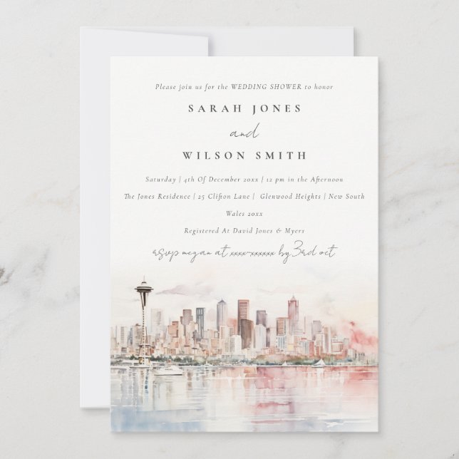Invitation Seattle Washington Aquarelle Paysage Mariage Douch (Devant)
