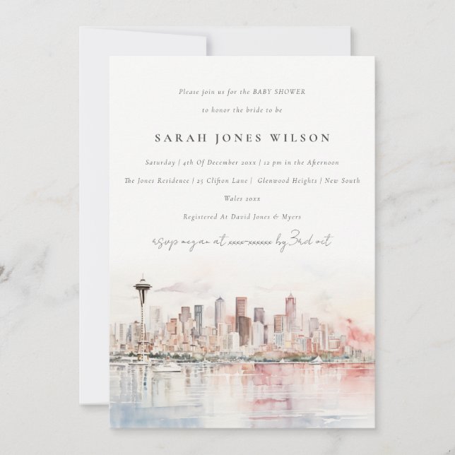 Invitation Seattle Washington Watercolor Scape Baby Shower (Devant)