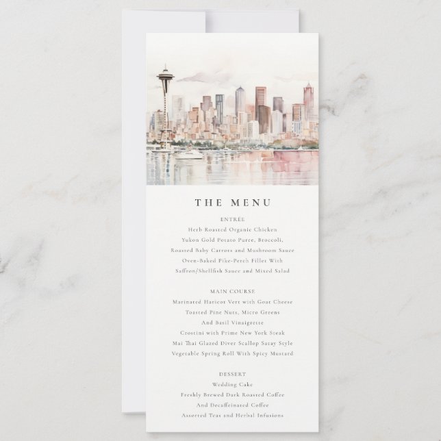 Invitation Seattle Washington Watercolor Scape Wedding Menu (Devant)
