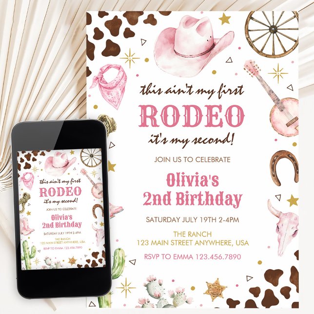 Invitation Second Rodeo Western Pink Cowgirl 2nd Birthday (Créateur téléchargé)