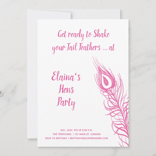 Invitation Secouer vos plumes de queue Hens Party rose & blan (Devant)