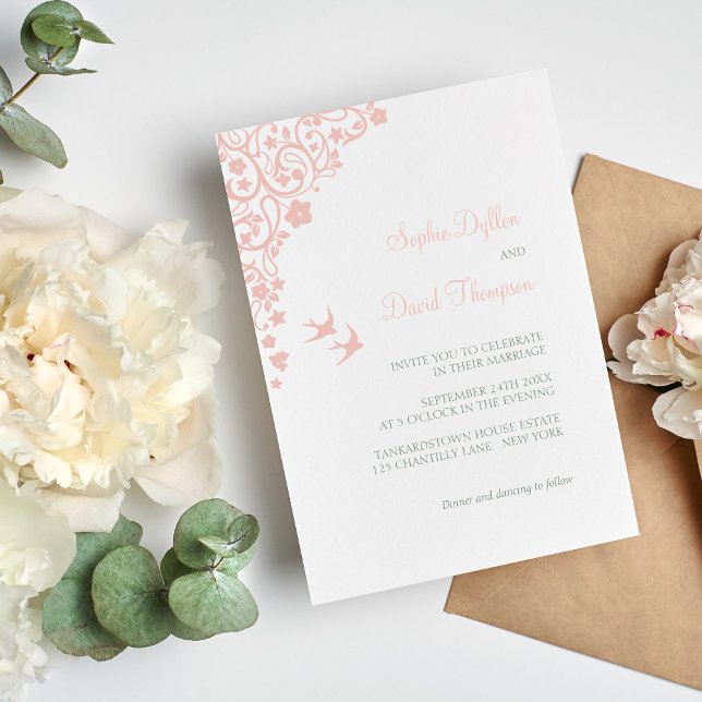 Invitation Secret Jardin Blush rose Floral Lovebirds Mariage (Créateur téléchargé)