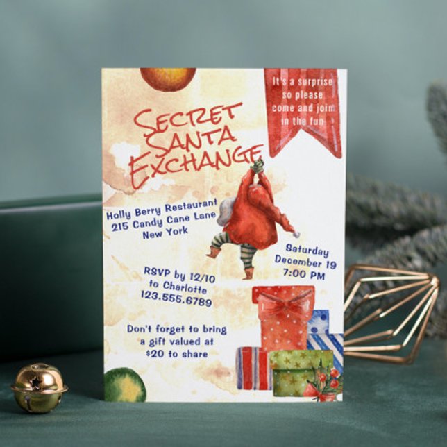 Invitation Secret Père Noël Christmas Party Moderne Aquarelle (Créateur téléchargé)