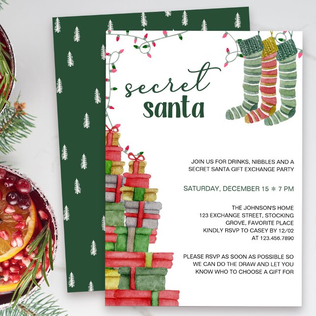 Invitation Secret Père Noël Stockings and Presents Holiday (Secret Santa Holiday Gift Exchange Invitation)