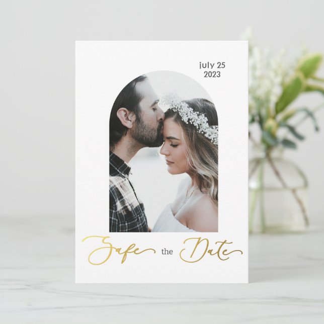 Invitation Sécurisé la photo date, script doré (Debout devant)