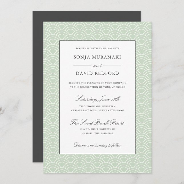 Invitation Seigaiha | Dusty Green vague japonaise mariage de  (Devant / Derrière)