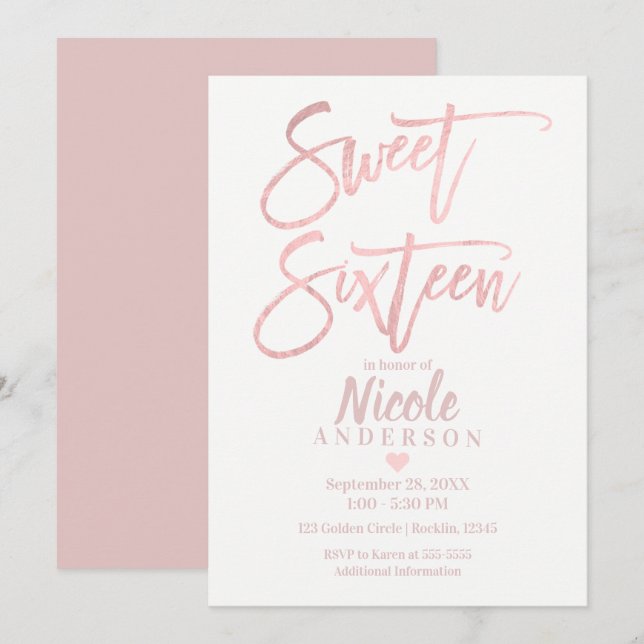 Invitation SEIZE ANS 16 Élégant Rose Or Feuille Moderne (Devant / Derrière)