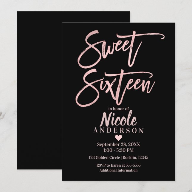 Invitation SEIZE ANS 16 Moderne Rose Gold Feuille et Noir (Devant / Derrière)