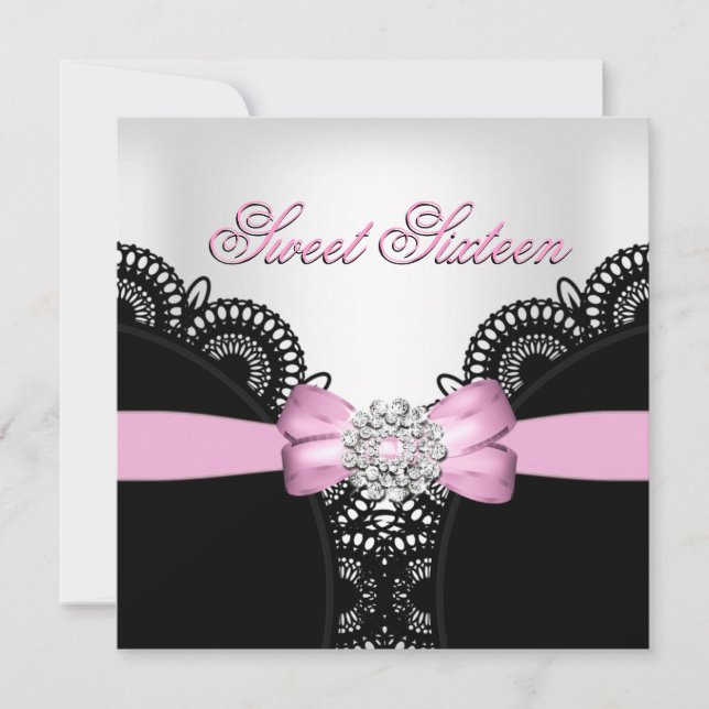 Invitation Seize Ans 16 Rose Noir Blanc Dentelle Diamant Haut (Devant)
