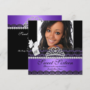 Invitation Seize Ans 16ème Violet Argent Photo Noir Dentelle