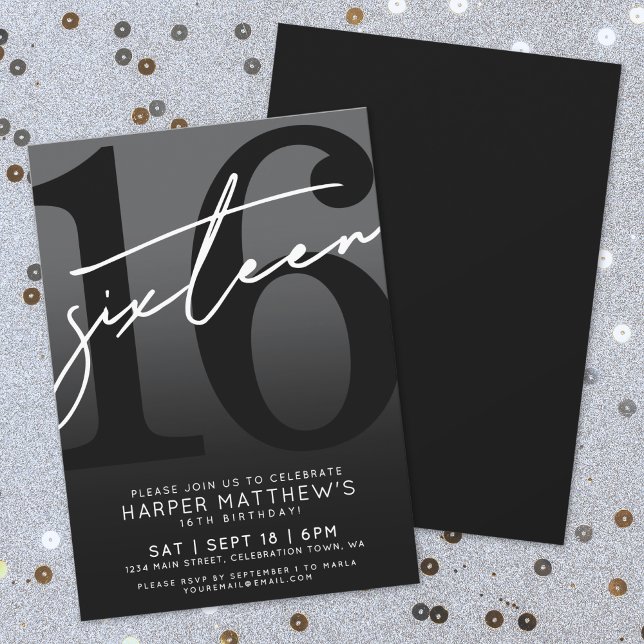 Invitation Seize ans, Anniversaire des 16 ans Noir (Sweet Sixteen Black 16th Birthday Invitation)