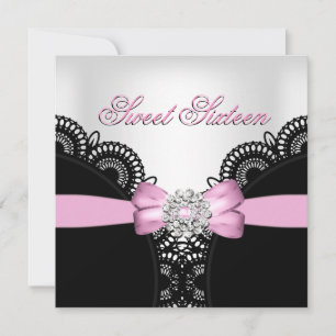 Invitation Seize Ans Douce 16 Noir Blanc Dentelle Diamant Hau
