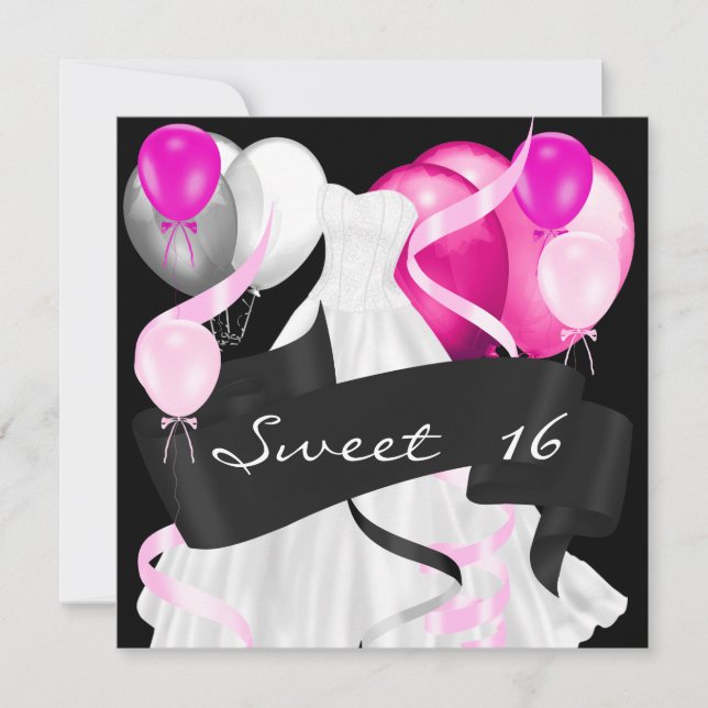 Invitation Seize Ans Noir Rose Blanc Robes Ballons (Devant)