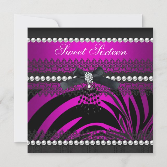 Invitation Seize ans Zèbre Rose Chaud Noir Perle Dentelle (Devant)