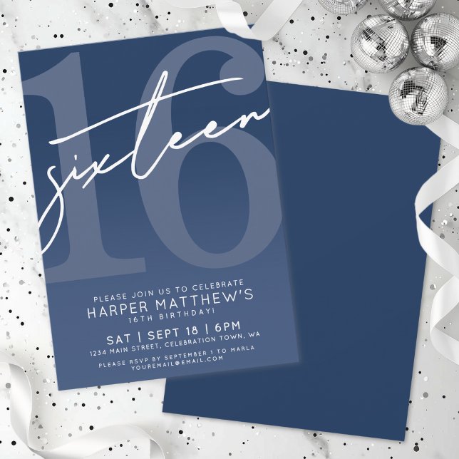 Invitation Seize Bleu 16e Anniversaire (Sixteen Blue 16th Birthday Invitation)