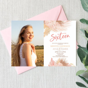 Invitation Seize Boho rose Photo 16e fête d'anniversaire