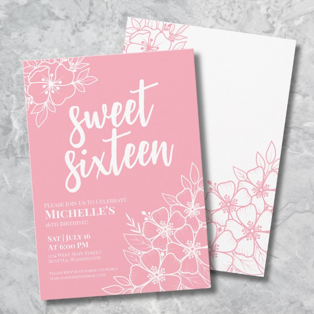 Invitation Seize Élégante Fête Douce de 16 Ans Rose (16th Pink Floral Sweet Sixteen Birthday Party Invitation)
