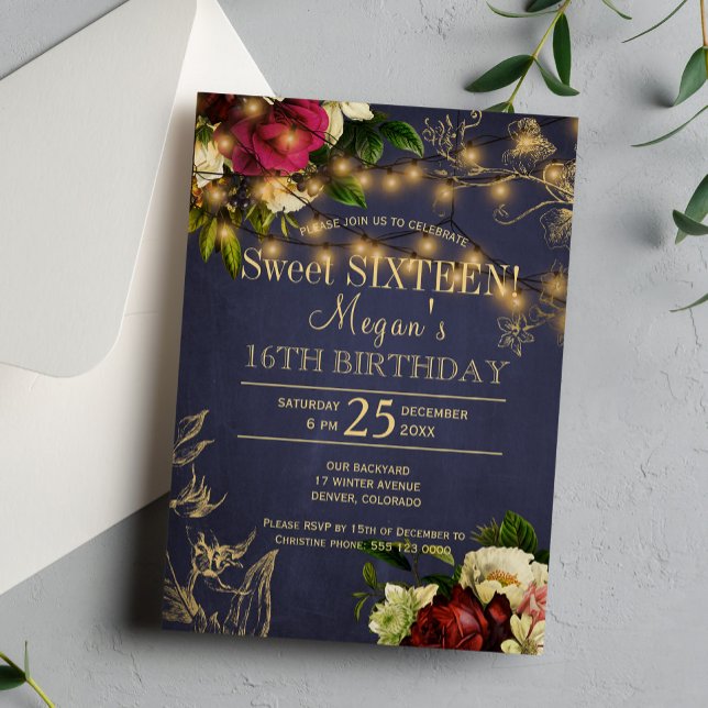 Invitation Seize lumières dorées florales rustiques d'hiver (Créateur téléchargé)