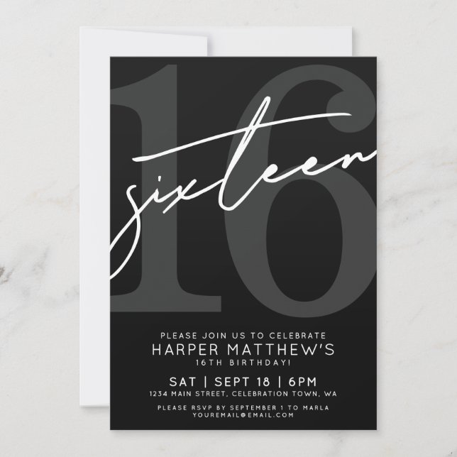 Invitation Seize Noir  Blanc 16e Anniversaire (Devant)