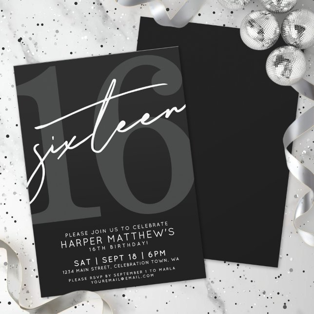 Invitation Seize Noir  Blanc 16e Anniversaire (Sixteen Black White 16th Birthday Invitation)