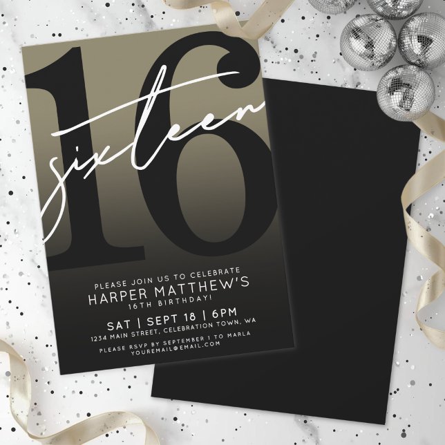 Invitation Seize Or Noir 16e Anniversaire (Sixteen Black Gold 16th Birthday Invitation)
