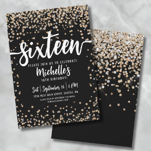 Invitation Seize Paillettes Or Noir 16e Anniversaire