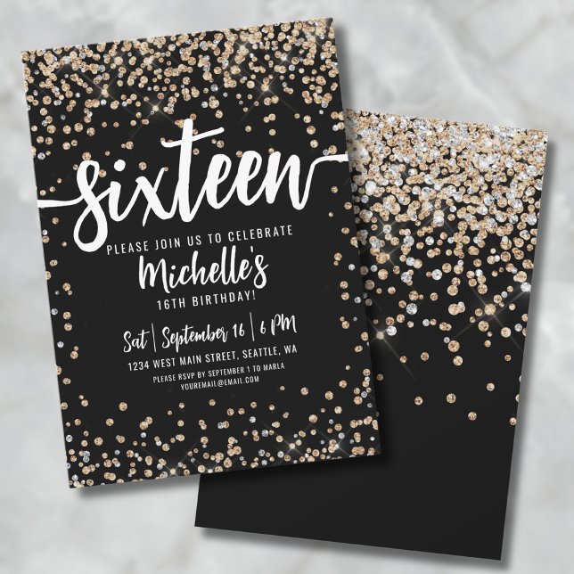 Invitation Seize Paillettes Or Noir 16e Anniversaire (Sixteen Black And Gold Glitter 16th Birthday Invitation)