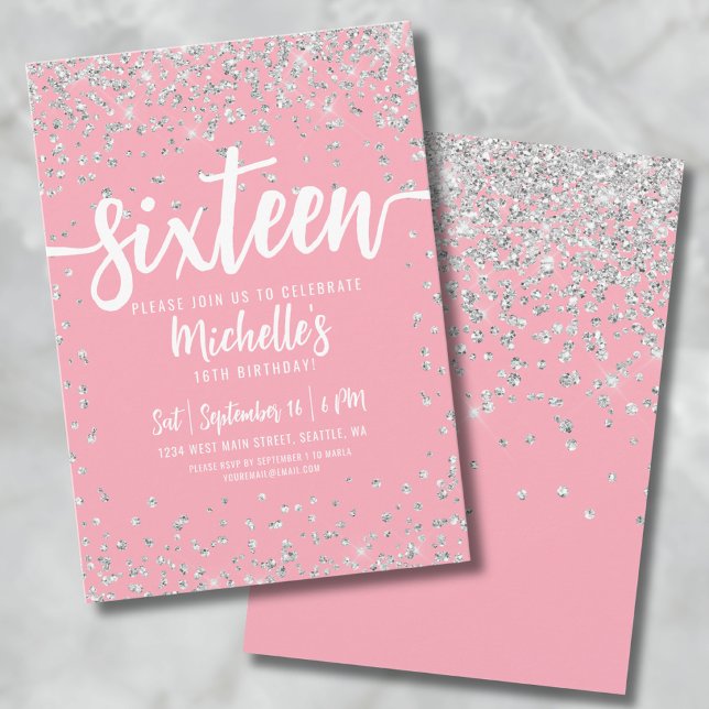 Invitation Seize Paillettes Roses Élégant Chic Douce 16 (16th Pink Glitter Sweet Sixteen Birthday Invitation)