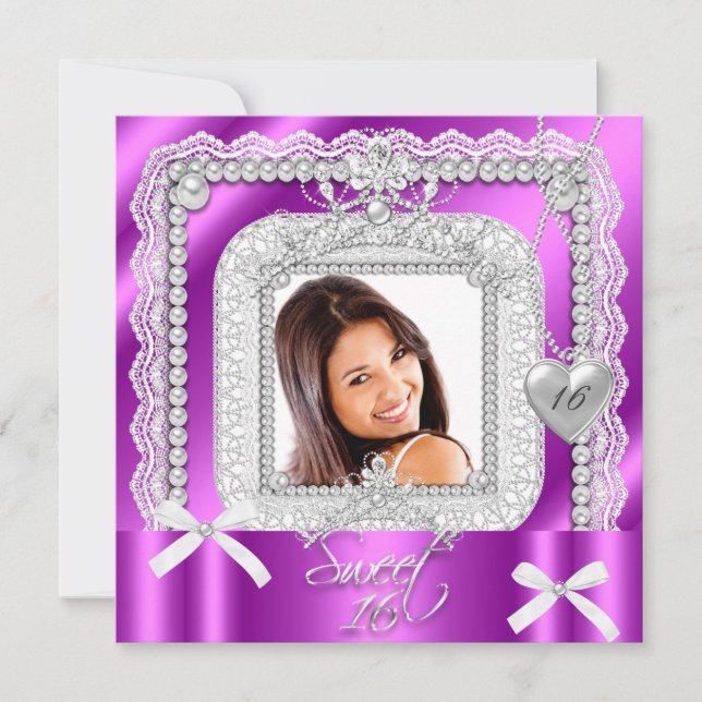Invitation Seize Rose Violet Dentelle Perle Photo Douce seiza (Devant)