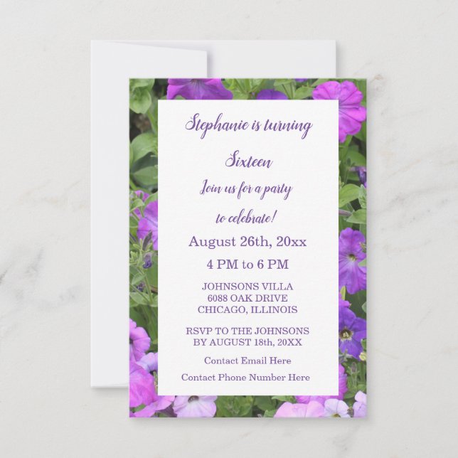 Invitation Seizième anniversaire Floral rose pourpre Petunia  (Devant)