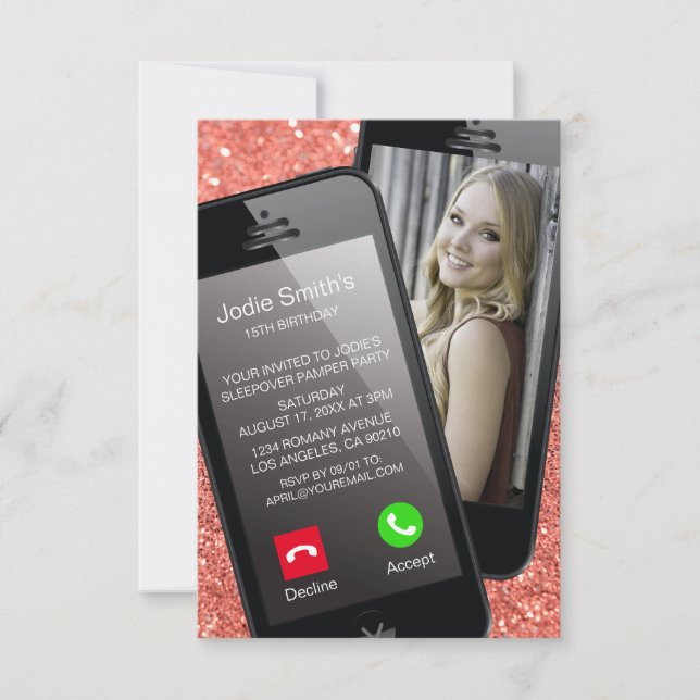 Invitation Selfie Téléphone Photo Adolescent Fille Rose Anniv (Devant)