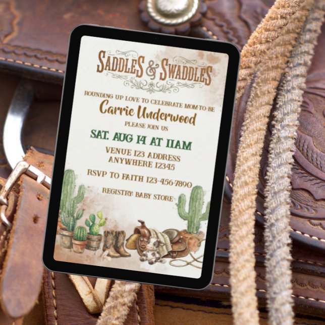 Invitation Selles & Langages de bébé aquarelle Western (Créateur téléchargé)