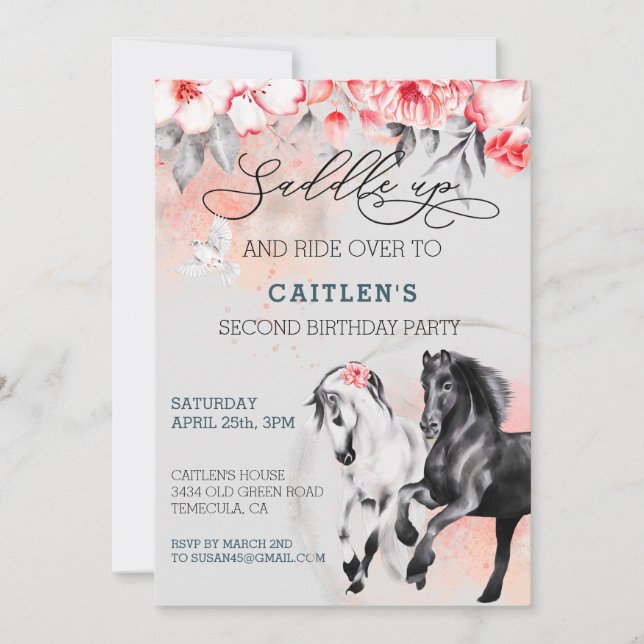 Invitation Sellez Cheval Aquarelle Fleur Rouge Noir  (Devant)