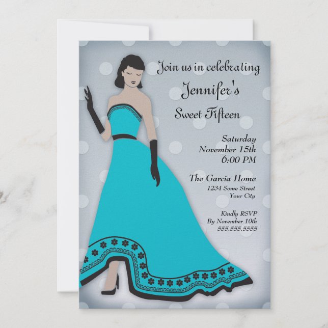 Invitation Senorita classique en turquoise et argent (Devant)