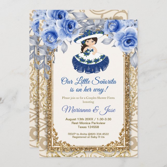 Invitation Senorita Marine Blue Fiesta Couple Douche (Devant / Derrière)