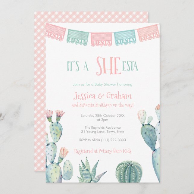 Invitation Señorita She-ESTA Petite Fille Baby shower Fiesta (Devant / Derrière)