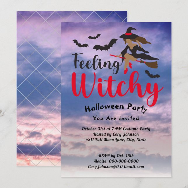 Invitation Sentez Rouge de cuisine, Bats Sorcière Sky Hallowe (Devant / Derrière)