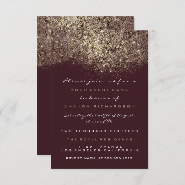Invitation Sepia Gold Sparkly Parties scintillant Bourgogne I (Devant / Derrière)